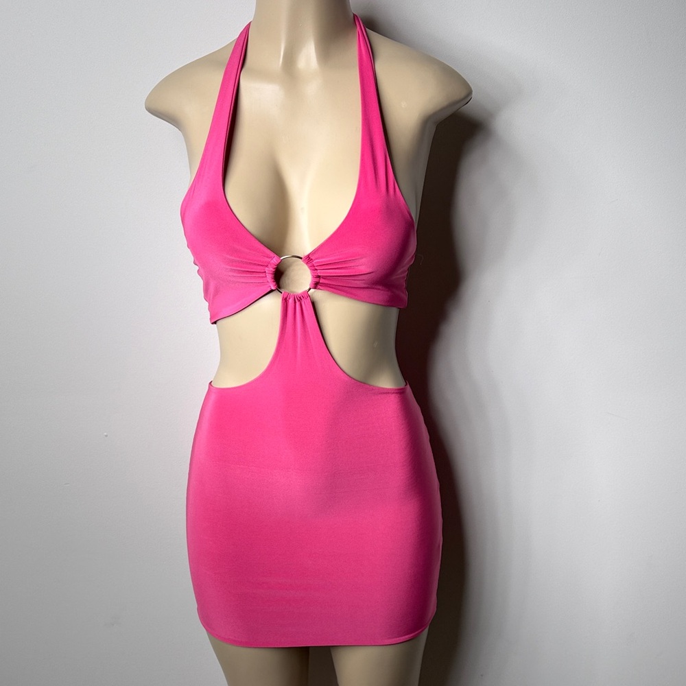 PrettyLittleThing Hot Pink Halter Cutout Mini Dress with O-Ring